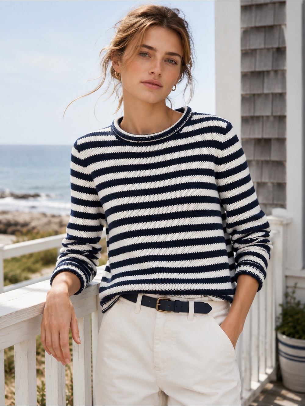 J.Crew Factory Navy White Striped Cotton Sweater M Coastal Nautical